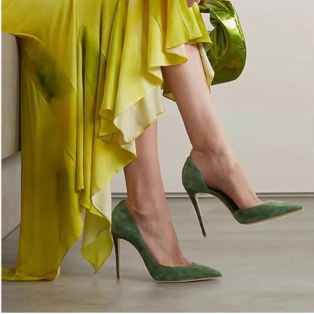 FSJ Green Suede Formal Pointed Toe Dress Shoes D'Orsay High Heels Formal Pumps